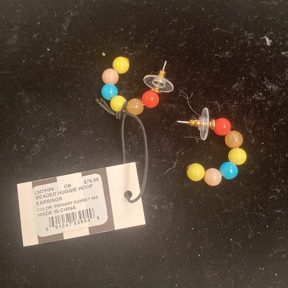 NWT Lele Sadoughi Beaded Huggie Hoop earrings  in Primary Sunset. - Picture 2 of 3